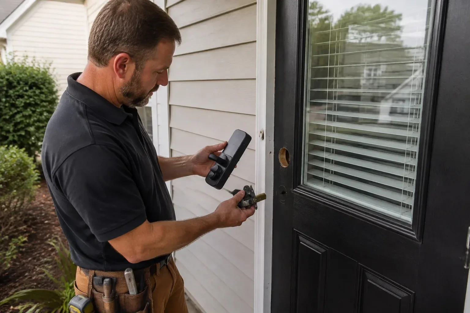 Person holding a black door-handle assembly and a latch beside a glazed door with exposed lock openings. — Smart Lock Installation, Whitchurch-Stouffville