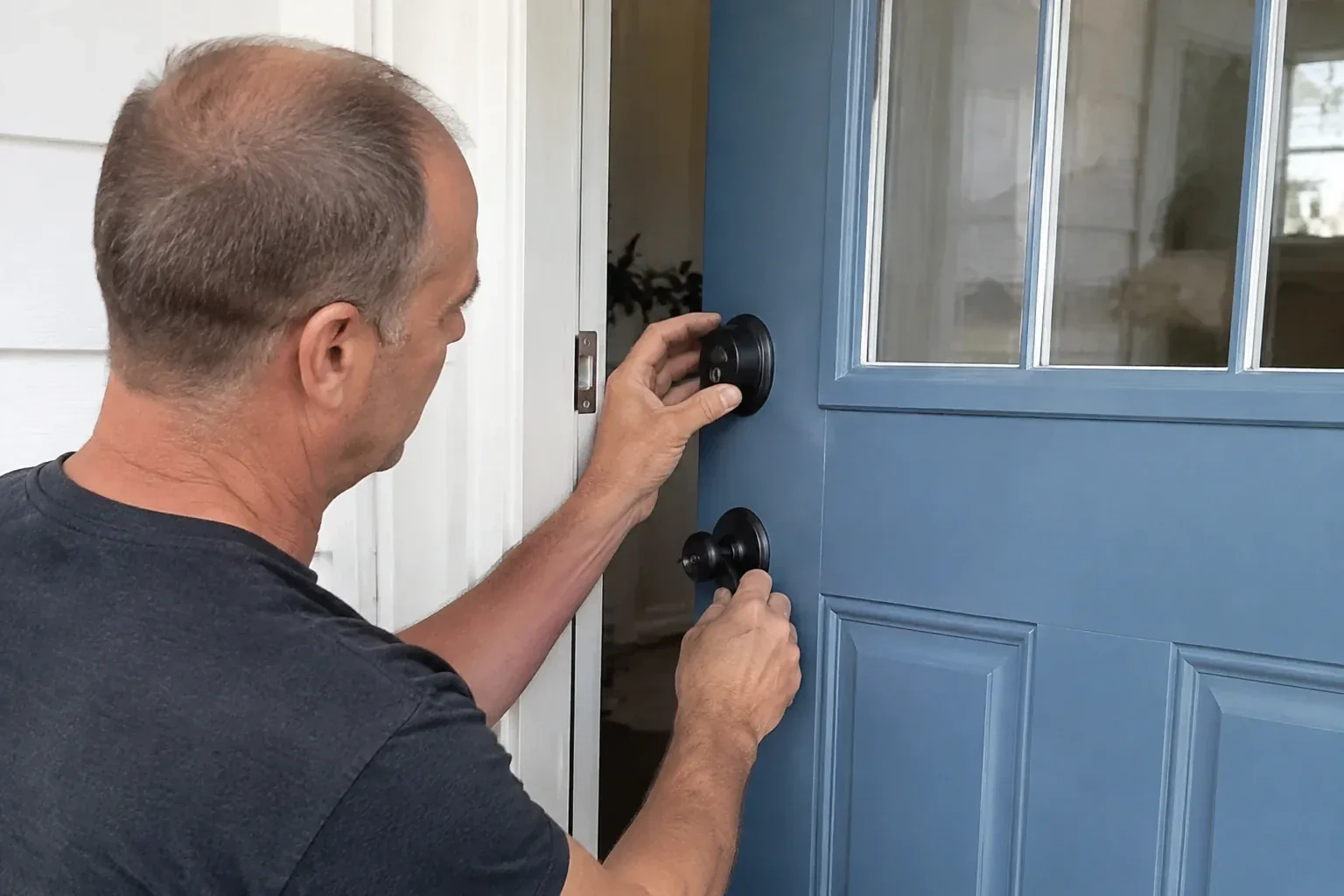Person holding the black deadbolt and doorknob of a partly open blue front door. — Deadbolt Installation, Whitchurch-Stouffville