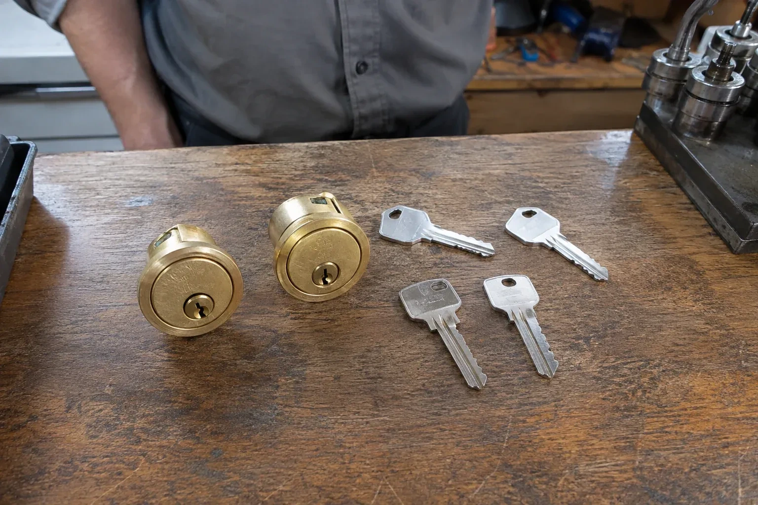 Two detached brass lock cylinders and four house keys on a wooden counter. — Lock Rekeying, Whitchurch-Stouffville