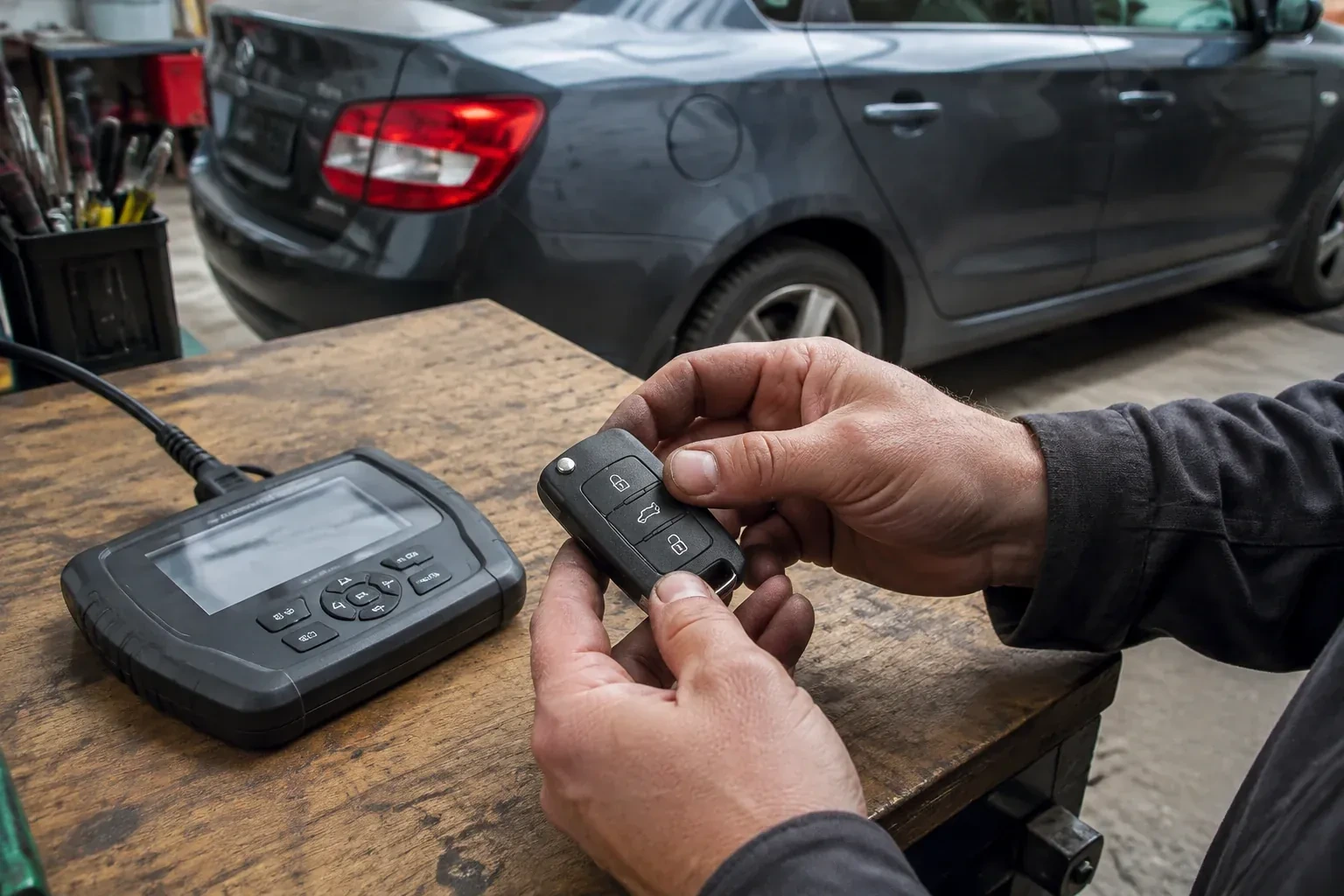 Hands holding a black car key fob above a workbench, beside a wired handheld device with a screen. — Car Key Replacement, Whitchurch-Stouffville