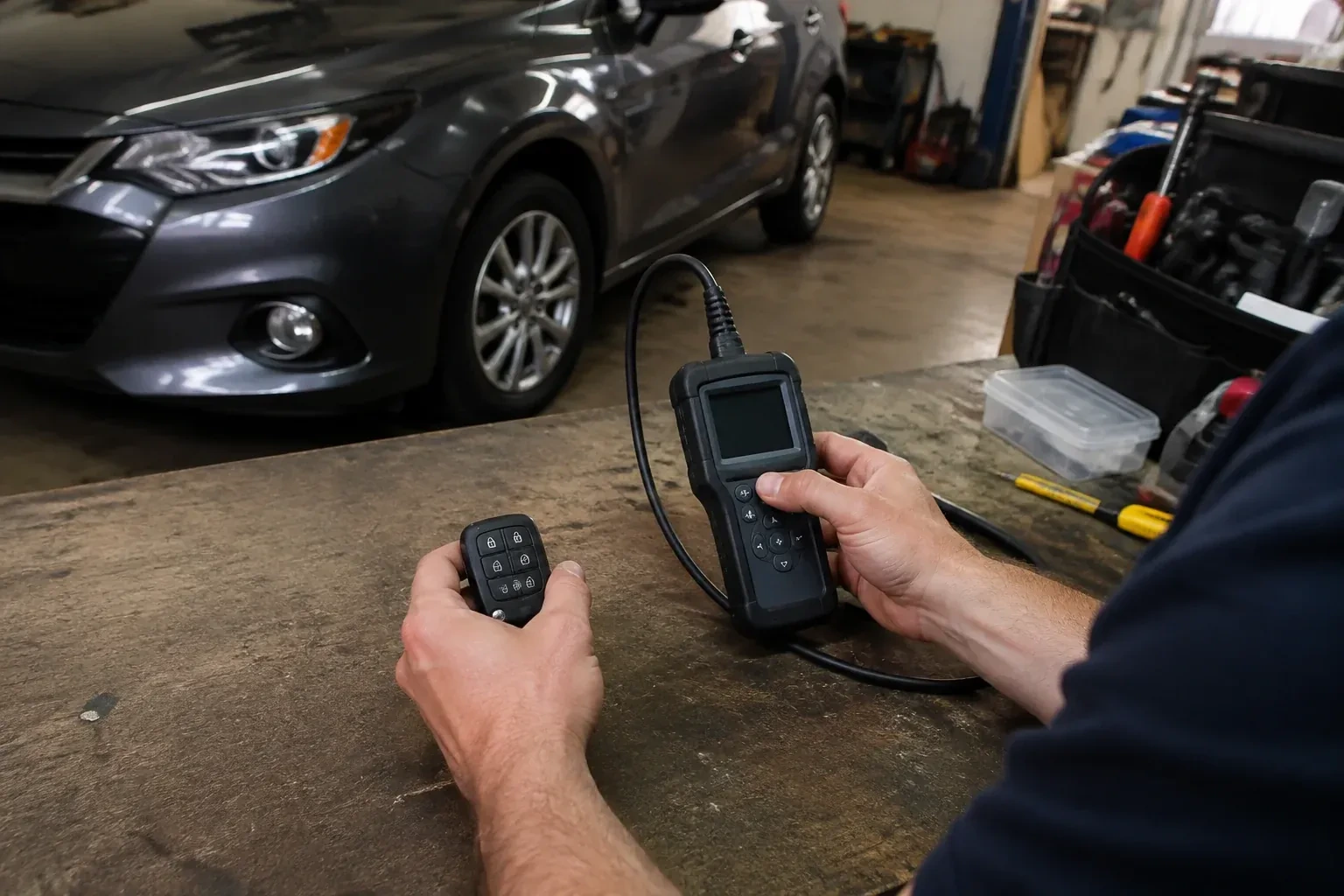 Hands holding a car-key fob and a small wired electronic device above a workbench in a garage with a parked car. — Key Fob Programming, Whitchurch-Stouffville