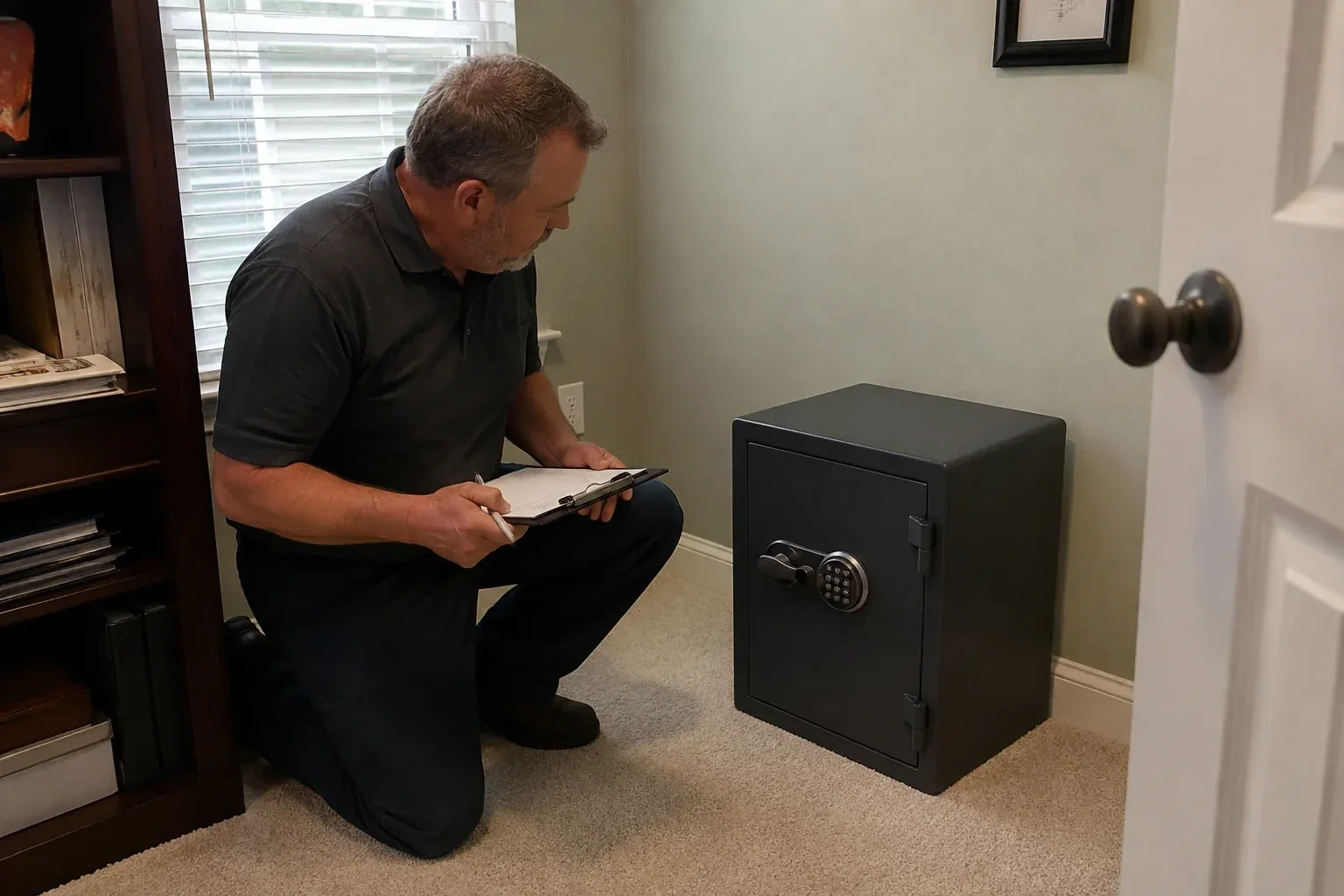 Person holding a clipboard beside a closed black safe with a circular keypad in a carpeted room. — Safe Installation & Servicing, Whitchurch-Stouffville