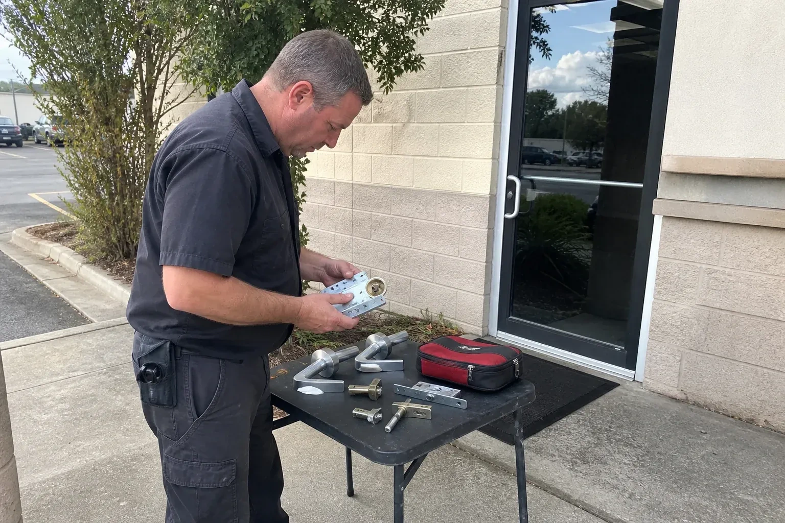 Technician examining detached commercial lock hardware on a table outside a shop entrance. — Business Lockout Service, Whitchurch-Stouffville