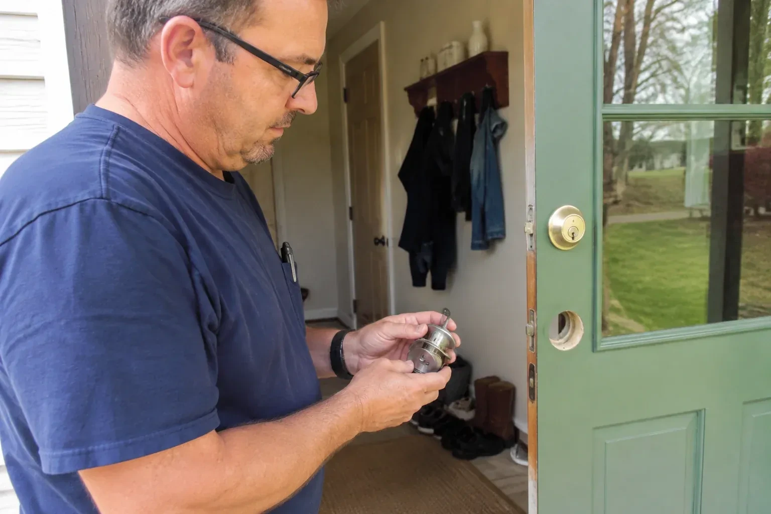 Person holding a cylindrical door-lock assembly beside an open green glazed door with its lower lock opening exposed. — Seized & Jammed Lock Opening, Whitchurch-Stouffville
