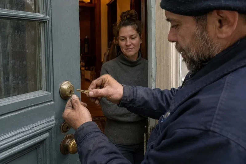 Person holding a key beside a brass-colored deadbolt on an open painted door while another person watches from inside. — Home Lockout Service, Whitchurch-Stouffville