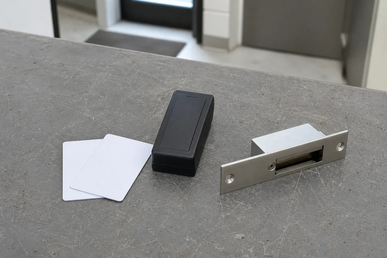 Detached card reader, two plain cards and an electric-strike component on a service bench. — Access Control Installation, Whitchurch-Stouffville
