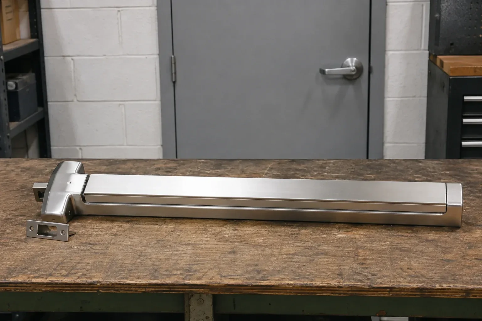 Detached horizontal exit device and separate strike component on a workshop bench. — Panic & Exit Hardware, Whitchurch-Stouffville