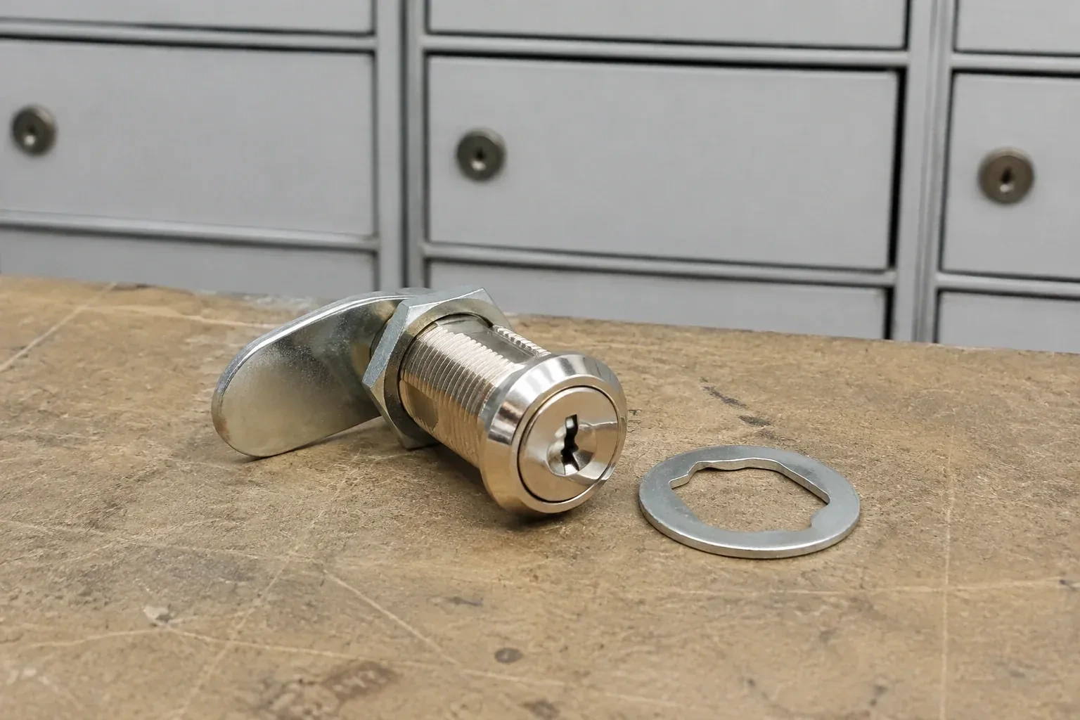 Detached threaded cam lock and mounting washer on a workbench in front of closed mail compartments. — Mailbox Lock Replacement, Whitchurch-Stouffville