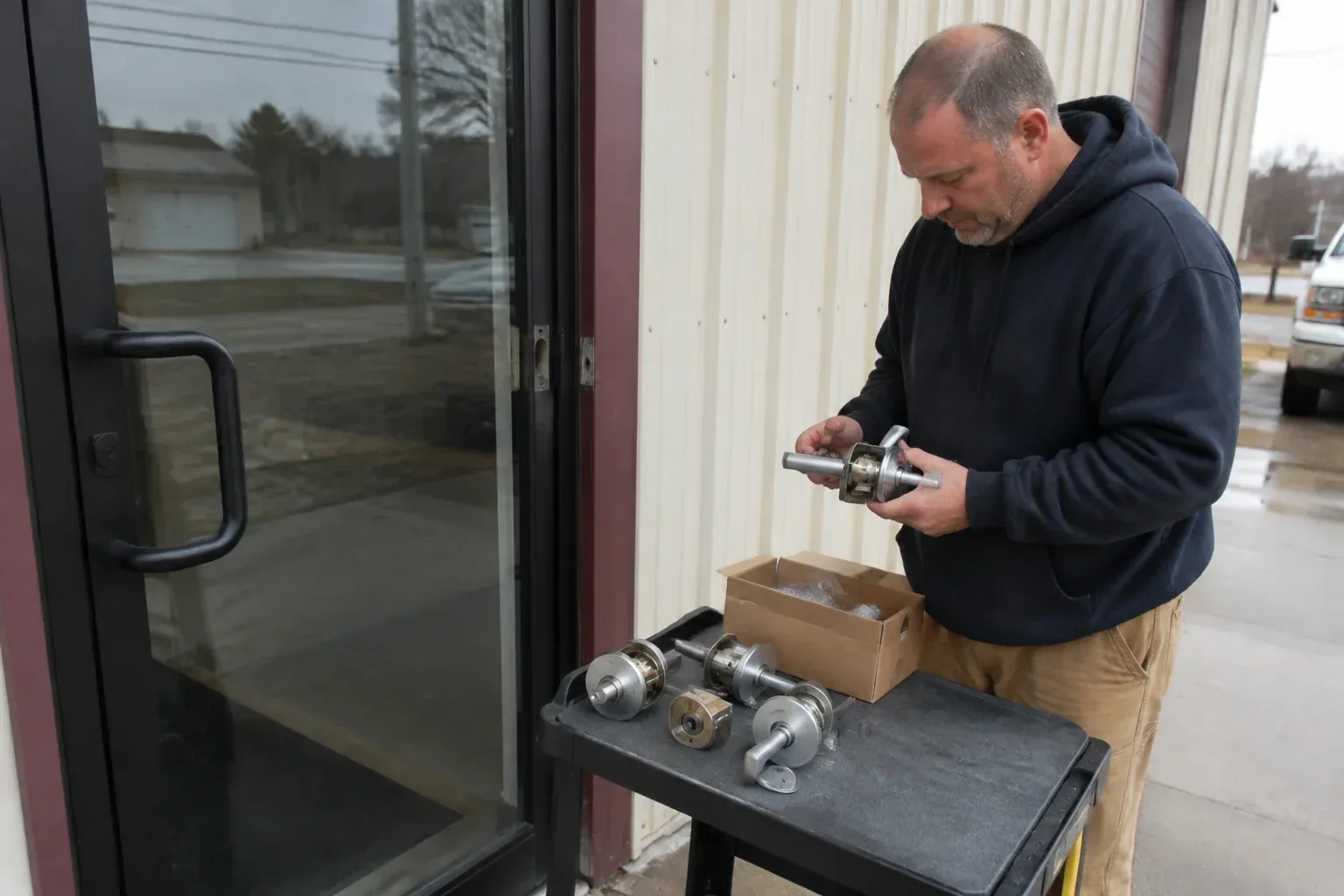 Person holding a door-handle assembly beside a glazed entrance, with more handle and lock components on a cart. — Commercial-Grade Lock Replacement, Whitchurch-Stouffville