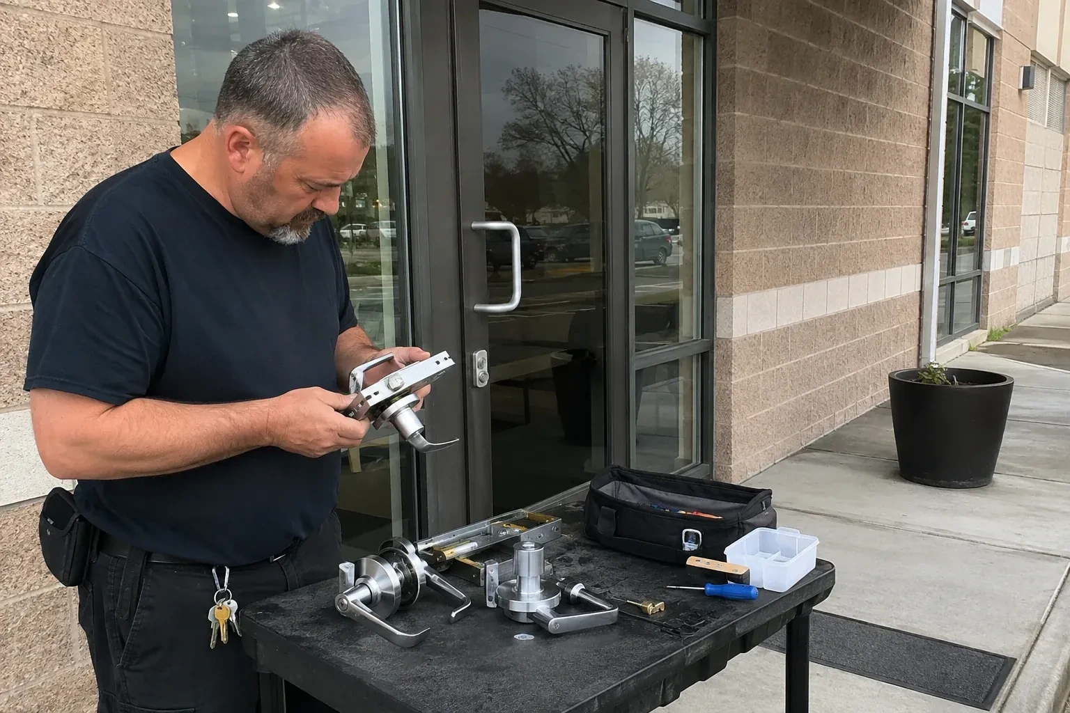 Person holding a door-handle and latch assembly at a worktable outside a glass entrance, with additional handles and tools laid out. — Commercial Rekeying, Whitchurch-Stouffville