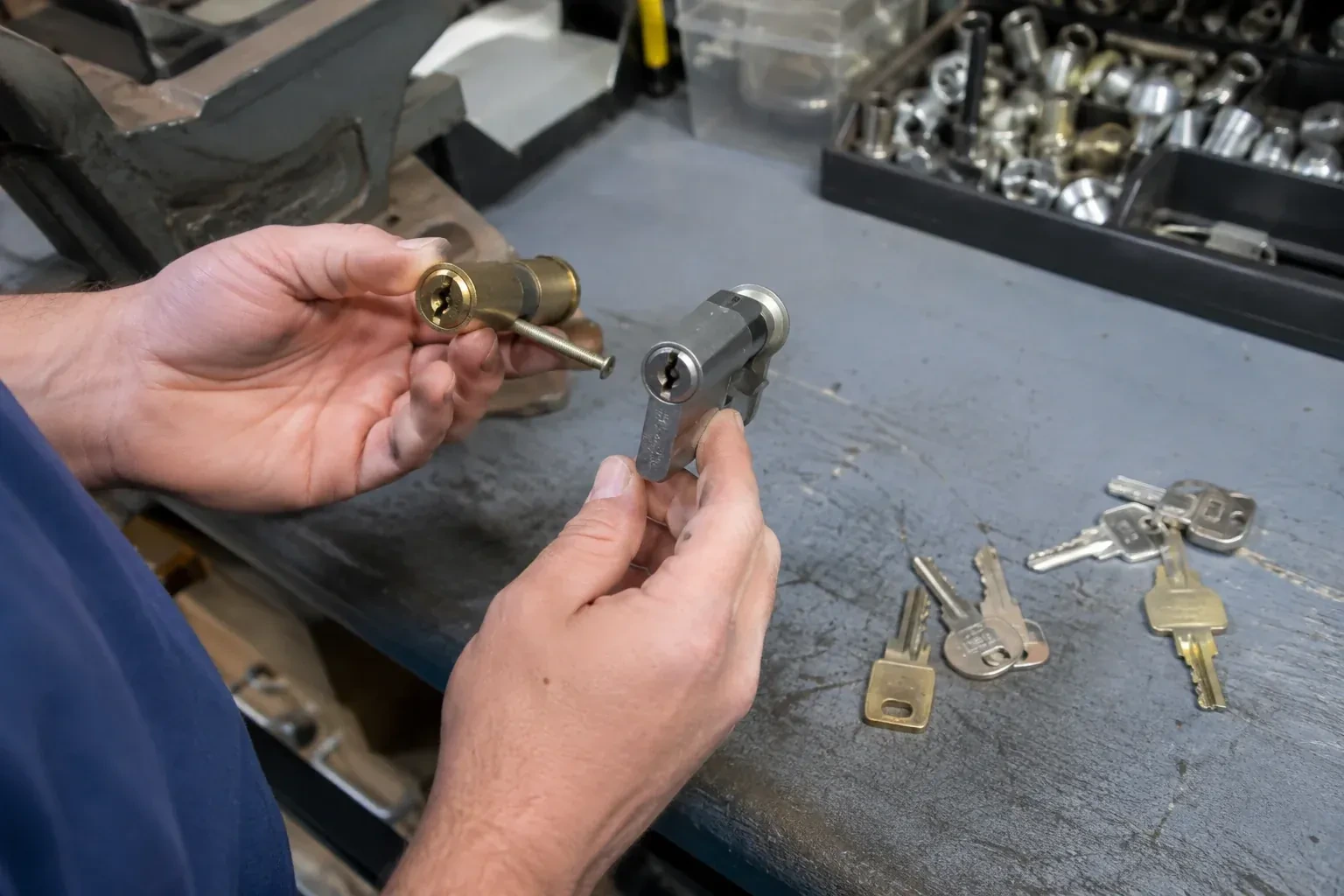 Hands comparing detached lock cylinders beside loose keys on a workbench. — Broken Key Extraction, Whitchurch-Stouffville