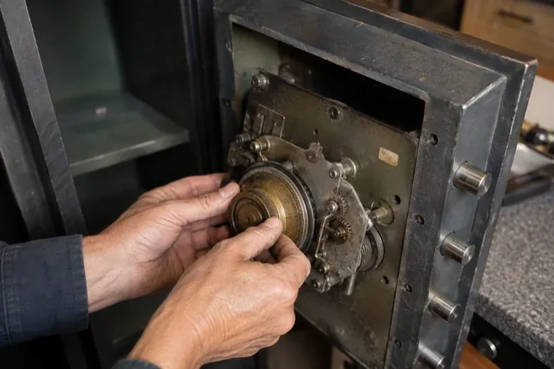 Hands holding a round metal component against the exposed mechanism inside an open safe door. — Safe Opening & Combination Change, Whitchurch-Stouffville