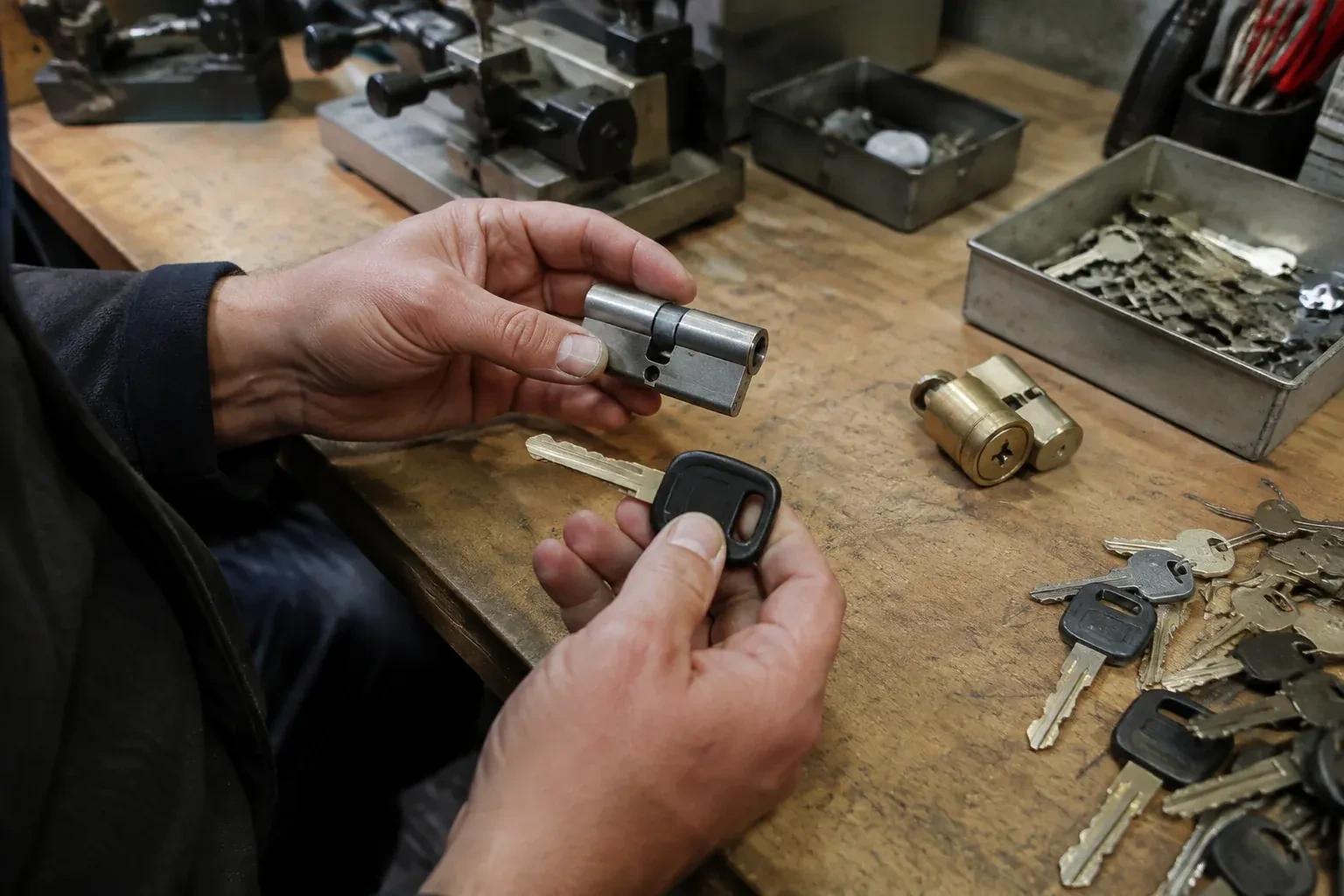 Hands holding a silver-colored lock cylinder and a black-headed key above a workbench with loose keys and another cylinder. — Spare Car Key Duplication, Whitchurch-Stouffville