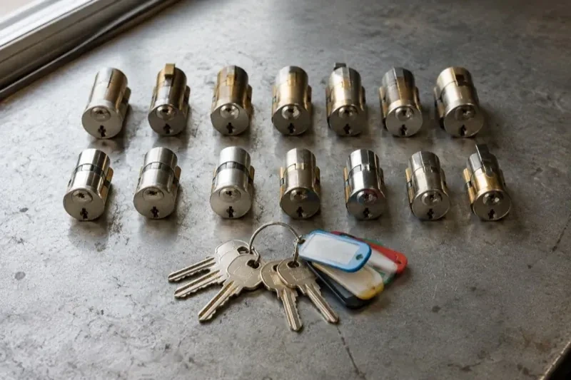 Two rows of lock cylinders on a metal surface with keys and colored key tags in front. — Master Key System Design, Whitchurch-Stouffville