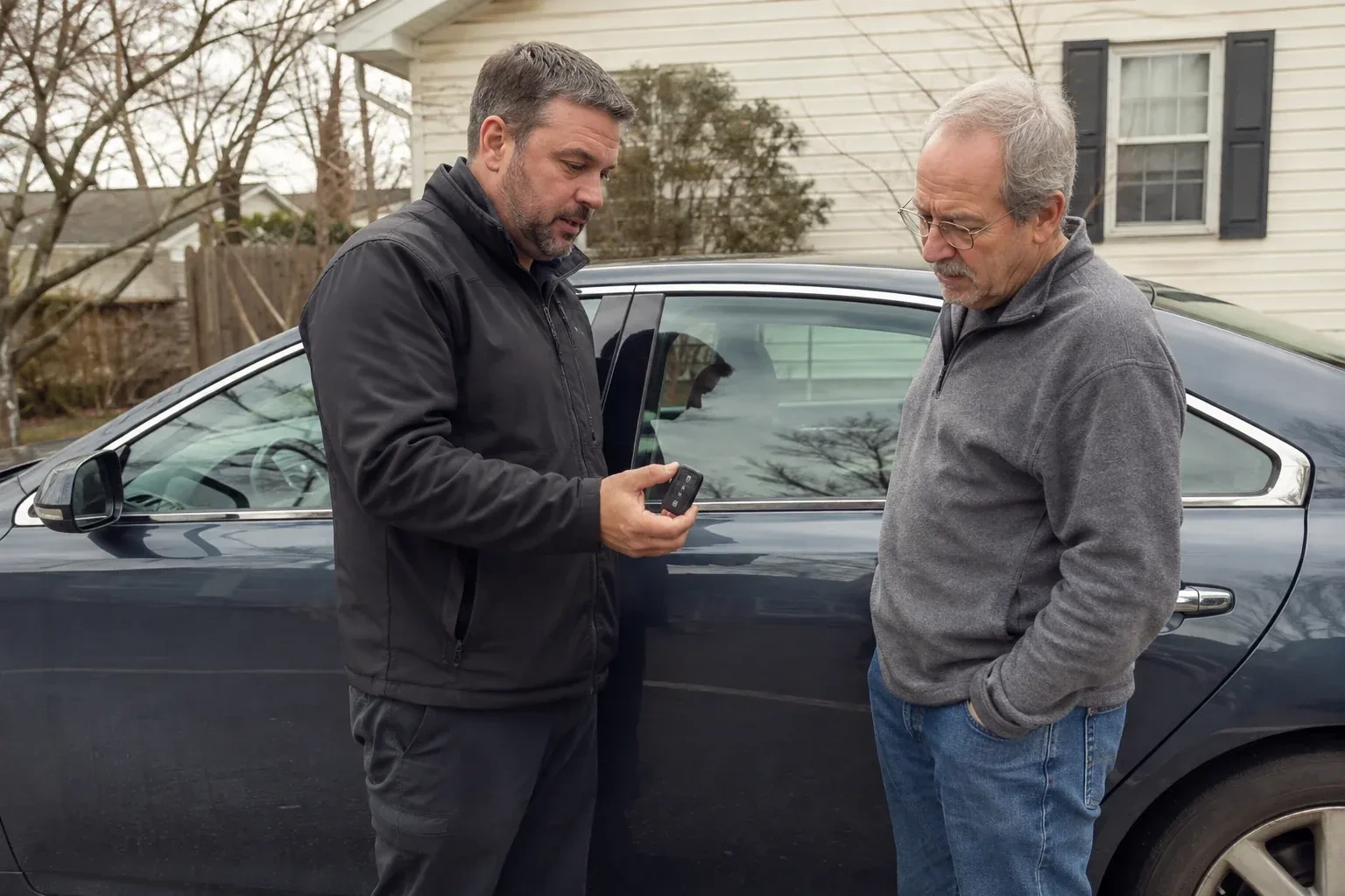 Two people beside a dark sedan, one holding up a black key fob. — Car Lockout Service, Whitchurch-Stouffville