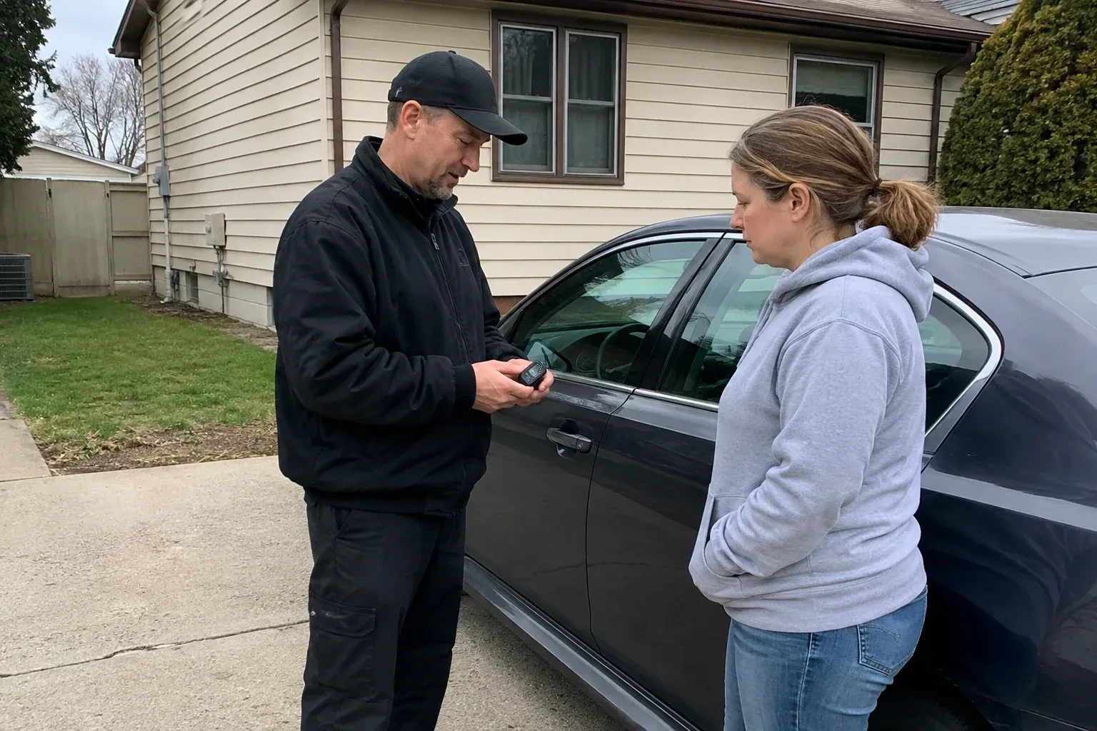 Two people standing beside a parked sedan, one wearing a cap and holding a small black device. — Vehicle Lock Repair, Whitchurch-Stouffville