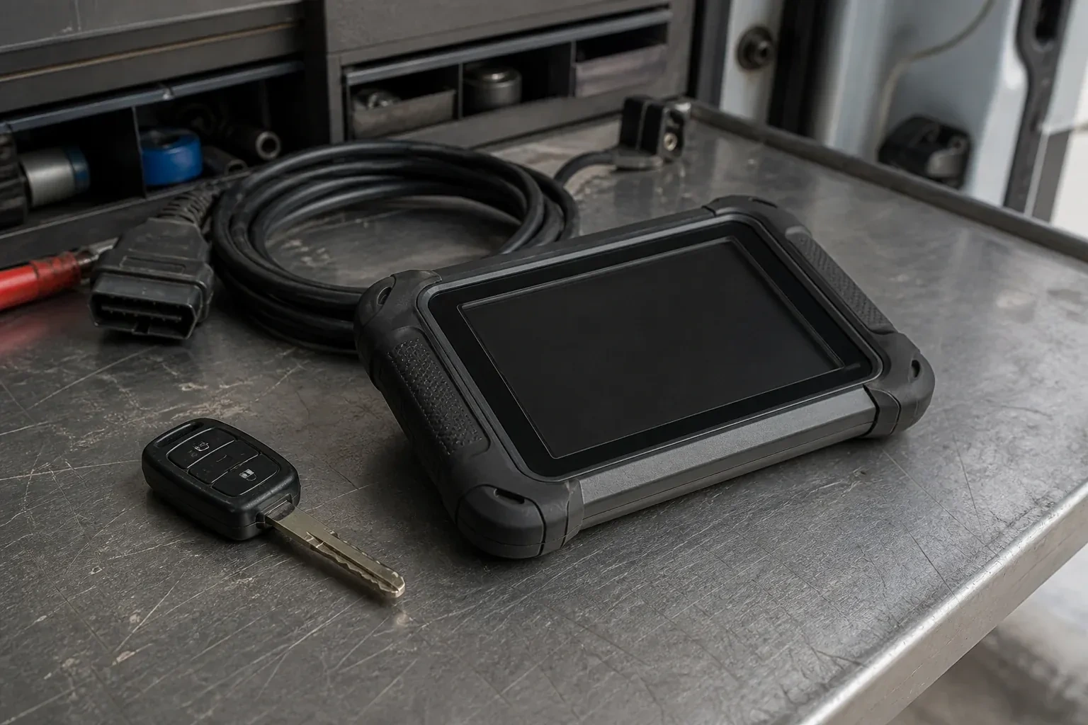 Vehicle key beside a dark diagnostic tablet and coiled connector cable on a workbench. — Transponder Key Programming, Whitchurch-Stouffville